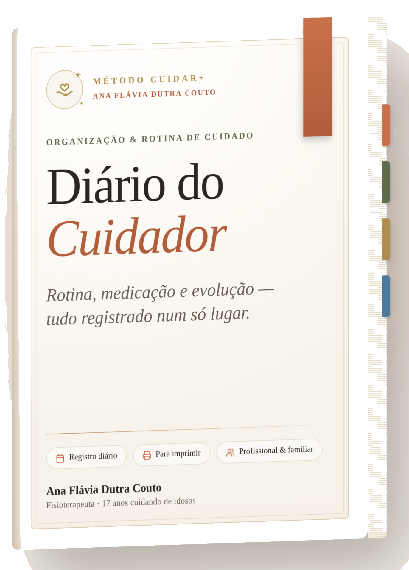 Capa do Diário do Cuidador, do Método Cuidar+, por Ana Flávia Dutra Couto